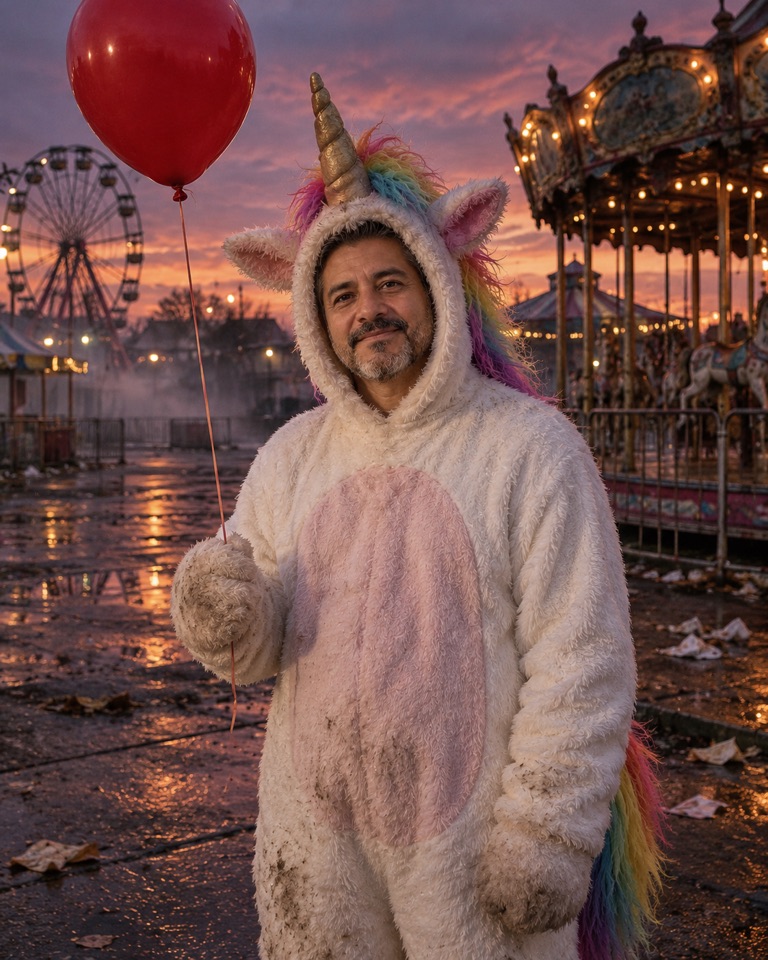 Man in a white unicorn mascot suit with a rainbow mane holding a red balloon in an empty fairground at dusk