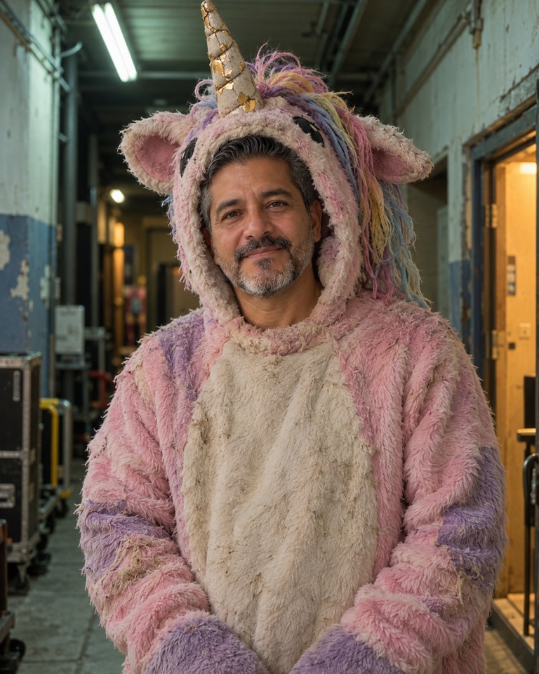 Man in a faded pastel pink plush unicorn mascot suit with a cracked gold horn, face visible, in a dim theme-park backstage corridor