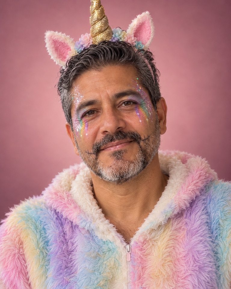 Close-up of a man with pastel glitter unicorn makeup, rainbow tear-tracks and a gold horn headband on a pink backdrop