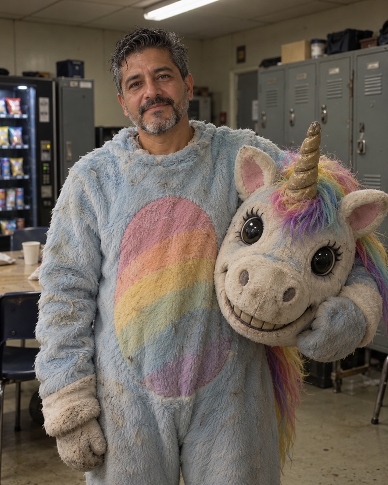 Tired man in a pastel blue unicorn mascot suit holding the grinning mascot head under his arm in a staff break room