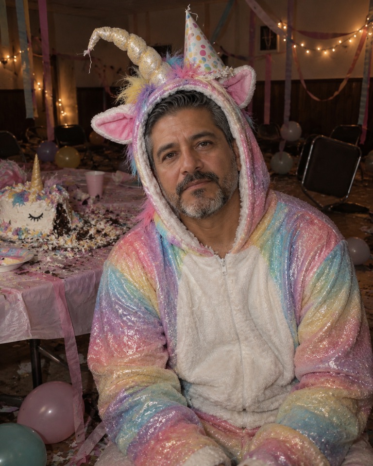 Man in a shiny rainbow unicorn onesie and crooked party hat staring at the camera in a dim hall with deflated balloons and toppled cake